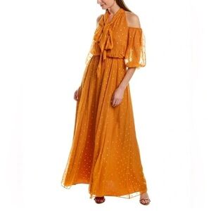 Shoshanna Orange Silk blend Metallic Gold Polka Dot Print Maxi Dress Size 12